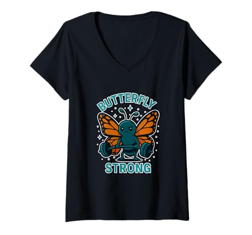 Damen Butterfly Strong Langhantelheber Gym Humor T-Shirt mit V-Ausschnitt Damen Butterfly Strong Langhantelheber Gym Humor T-Shirt mit V-Ausschnitt von Witty Insect Gym Apparel Co.