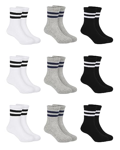 Witwot 9 Paare Socken Jungen Tennissocken Kinder Sportsocken Baumwoll Socken für Mädchen Schwarz/Weiß/Grau B 23-26 von Witwot