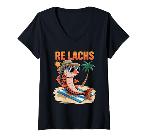 Damen Angeln, Herren Fisch Angler Spruch Lustig Fischer, Re Lachs T-Shirt mit V-Ausschnitt von Witzige Angler Geschenke für Männer & Frauen