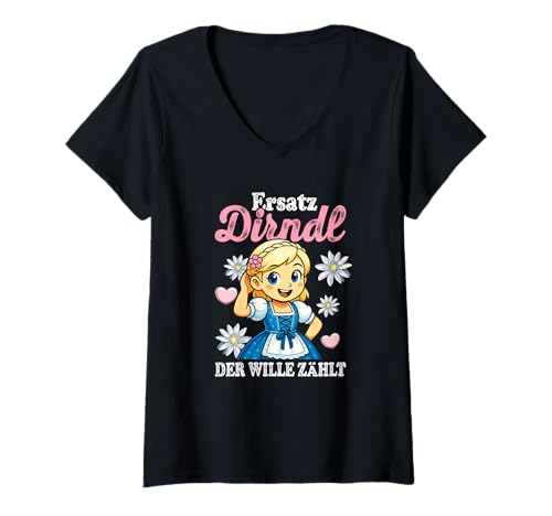 Damen Ersatz Dirndl Lustiges Edelweiß Motiv T-Shirt mit V-Ausschnitt von Witzige Bayerische Volksfest Trachten Humor