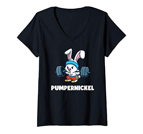 Damen Lustiges Pumpernickel Workout Kaninchen Fitness Gym Geschenk T-Shirt mit V-Ausschnitt von Witzige Bodybuilding Geschenke