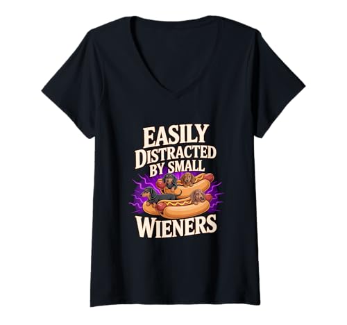 Damen Easily Distracted by Small Wieners Dackel Hot Dog Hund Fun T-Shirt mit V-Ausschnitt Damen Easily Distracted by Small Wieners Dackel Hot Dog Hund Fun T-Shirt mit V-Ausschnitt von Witzige Dackel Hotdog Humor Hunde Liebhaber