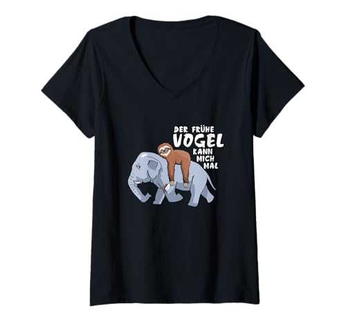 Damen Der Frühe Vogel kann mich mal Elefant Faultier Morgenmuffel T-Shirt mit V-Ausschnitt Damen Der Frühe Vogel kann mich mal Elefant Faultier Morgenmuffel T-Shirt mit V-Ausschnitt von Witzige Der Frühe Vogel Kaffee Sprüche & Geschenke