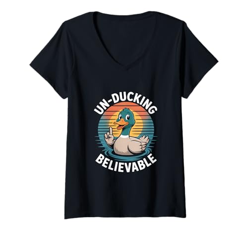 Damen Un Ducking Believable Ente Retro Humor Wortspiel T-Shirt mit V-Ausschnitt Damen Un Ducking Believable Ente Retro Humor Wortspiel T-Shirt mit V-Ausschnitt von Witzige Ente Humor Spruch Retro Wortspiel