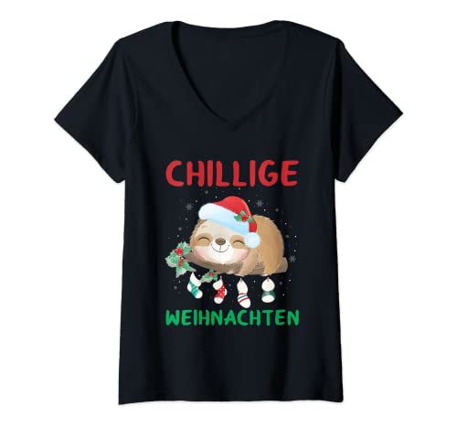 Damen Chillige Weihnachten Faultier Morgenmuffel Schlaf T-Shirt mit V-Ausschnitt von Witzige Faultier Weihnachten Spruch Geschenke