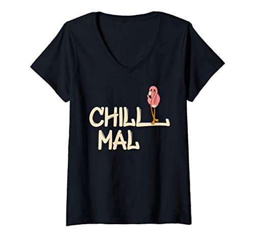 Damen Flamingo Chill Mal Lustiges Flamingos Motiv Chiller Geschenk T-Shirt mit V-Ausschnitt von Witzige Flamingo Chiller Geschenkideen & Mehr