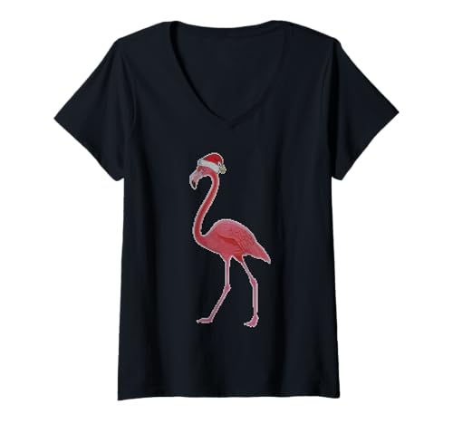 Damen Hässlicher Weihnachtsflamingo Santa Tier Design T-Shirt mit V-Ausschnitt Damen Hässlicher Weihnachtsflamingo Santa Tier Design T-Shirt mit V-Ausschnitt von Witzige Flamingo Fans mit Feiertagsstimmung