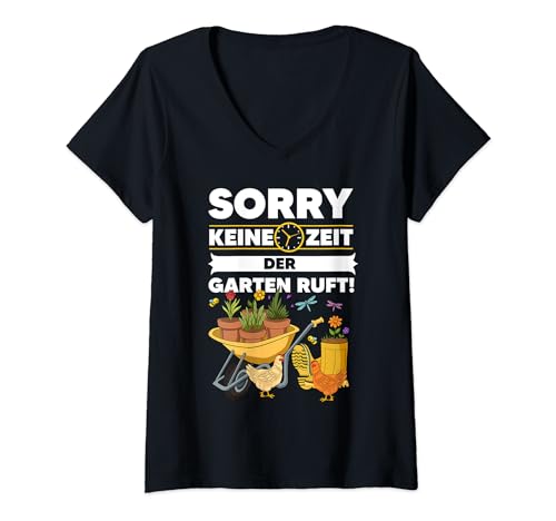 Damen Gärtner Gärtnerin Spruch Keine Zeit der Garten ruft T-Shirt mit V-Ausschnitt von Witzige Garten Geschenke von Lifua