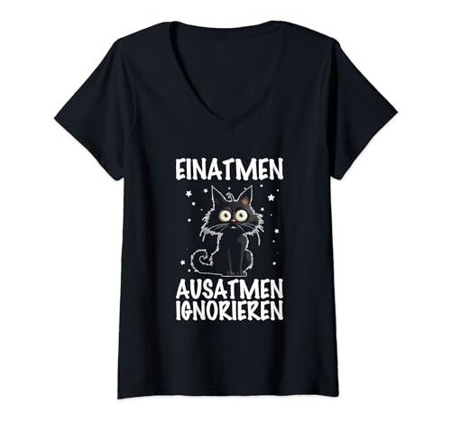 Damen Einatmen Ausatmen Ignorieren Katze Genervt Spruch T-Shirt mit V-Ausschnitt von Witzige Genervte Sprüche