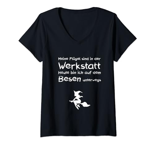 Damen Lustiger Spruch Heute bin ich mit dem Besen unterwegs Hexen T-Shirt mit V-Ausschnitt von Witzige Halloween Hexen Sprüche