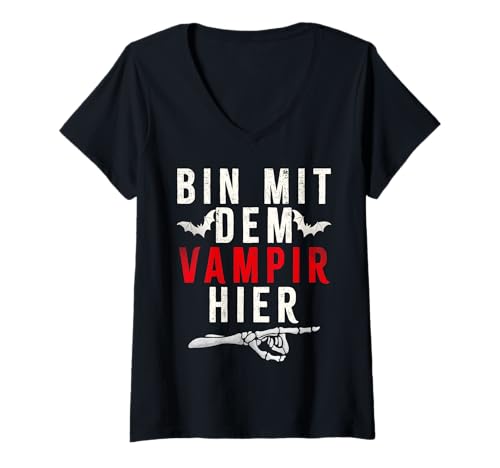 Damen Bin mit dem Vampir hier Halloween Kostüm T-Shirt mit V-Ausschnitt Damen Bin mit dem Vampir hier Halloween Kostüm T-Shirt mit V-Ausschnitt von Witzige Halloween Vampir Party Kostüm
