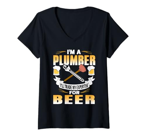 Damen Lustiger Klempner Spruch Handwerk Bier Humor T-Shirt mit V-Ausschnitt von Witzige Handwerker Bier Sprüche Geschenkidee
