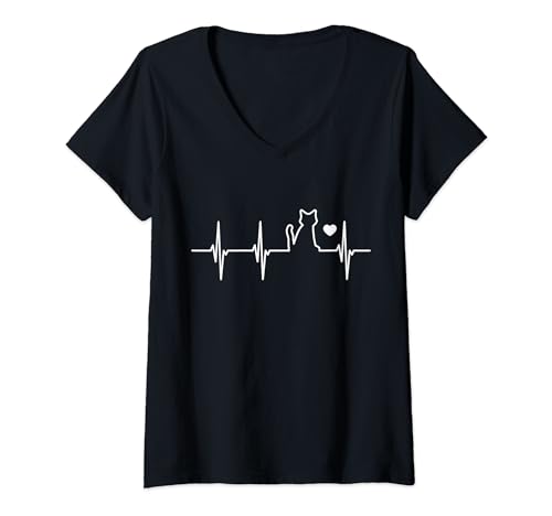 Damen Herzschlag Katzenliebhaber Haustierbesitzer T-Shirt mit V-Ausschnitt Damen Herzschlag Katzenliebhaber Haustierbesitzer T-Shirt mit V-Ausschnitt von Witzige Haustier Grafik T-Shirts