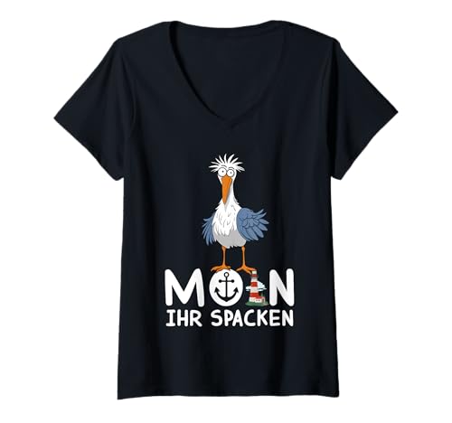 Damen Lustiges Anker Leuchtturm Seagull Möwe Moin Ihr Spacken T-Shirt mit V-Ausschnitt Damen Lustiges Anker Leuchtturm Seagull Möwe Moin Ihr Spacken T-Shirt mit V-Ausschnitt von Witzige Humor Norddeutscher Möwen Moin Ihr Spacken