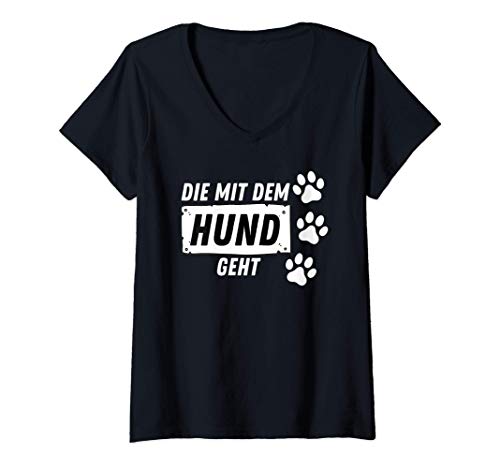Damen Die mit dem Hund geht - Witziges Frauchen Hundebesitzerin T-Shirt mit V-Ausschnitt von Witzige Hunde T-Shirts