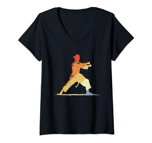 Damen Vintage Karate Mädchen Zeichnung Kampfsportler T-Shirt mit V-Ausschnitt von Witzige Japanische Kampfsportart T-Shirts