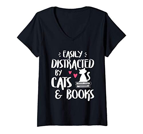 Damen Easily Distracted by Cats & Books - Witziges Katzen T-Shirt mit V-Ausschnitt von Witzige Katzen Shirts