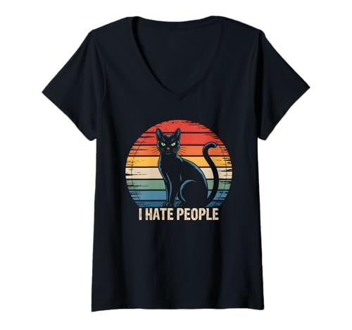Damen Lustige Sarkastische Katze Vintage Retro Katzen Sprüche T-Shirt mit V-Ausschnitt von Witzige Katzen Spruch Shirts