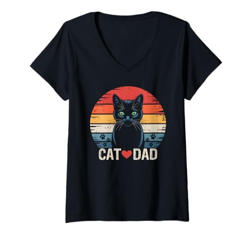 Damen Vintage Katzen Outfit Lustiges Katzenmotiv Retro Cat Dad T-Shirt mit V-Ausschnitt von Witzige Katzen Spruch Shirts