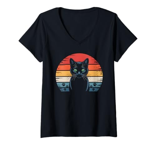 Damen Vintage Katzen Outfit Lustiges Katzenmotiv Retro Katze T-Shirt mit V-Ausschnitt von Witzige Katzen Spruch Shirts
