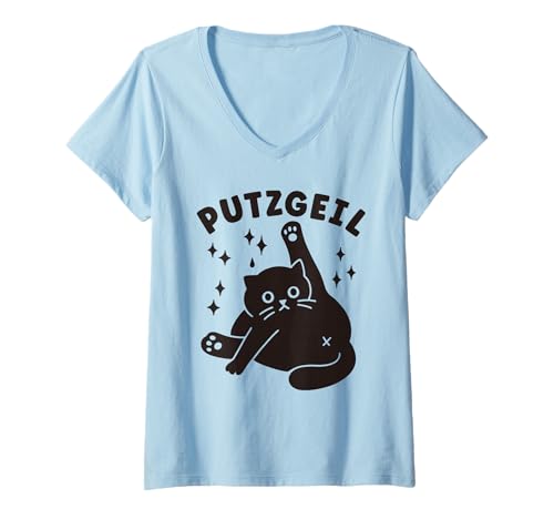 Damen Putzgeil Lustige Katze Beim Putzen Comic Katzen T-Shirt mit V-Ausschnitt Damen Putzgeil Lustige Katze Beim Putzen Comic Katzen T-Shirt mit V-Ausschnitt von Witzige Katzen Sprüche für Männer und Frauen