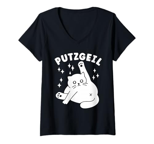 Damen Putzgeil Lustige Katze Beim Putzen Comic Katzen T-Shirt mit V-Ausschnitt Damen Putzgeil Lustige Katze Beim Putzen Comic Katzen T-Shirt mit V-Ausschnitt von Witzige Katzen Sprüche für Männer und Frauen