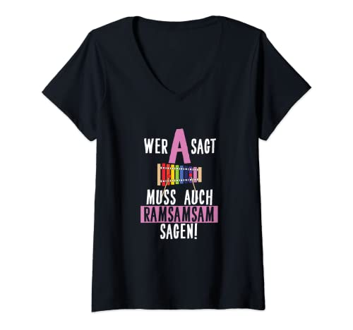 Damen Wer A sagt muss auch Aramsamsam T-Shirt mit V-Ausschnitt Damen Wer A sagt muss auch Aramsamsam T-Shirt mit V-Ausschnitt von Witzige Kita-Arbeitskleidung Kindergarten