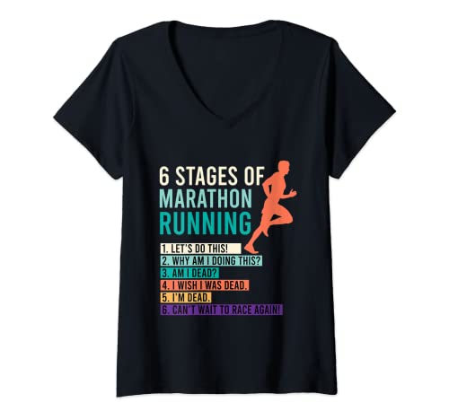 Damen 6 Stages of Marathon Running Spruch Läufer witzig T-Shirt mit V-Ausschnitt Damen 6 Stages of Marathon Running Spruch Läufer witzig T-Shirt mit V-Ausschnitt von Witzige Läufer Jogger Marathon Running Geschenke