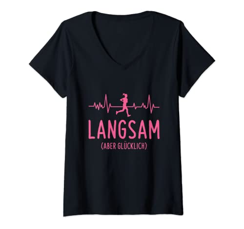 Damen Langsam Aber Glücklich Laufen Joggen Laufsport Läuferin T-Shirt mit V-Ausschnitt von Witzige Laufsport Kleidung Für Läuferinnen