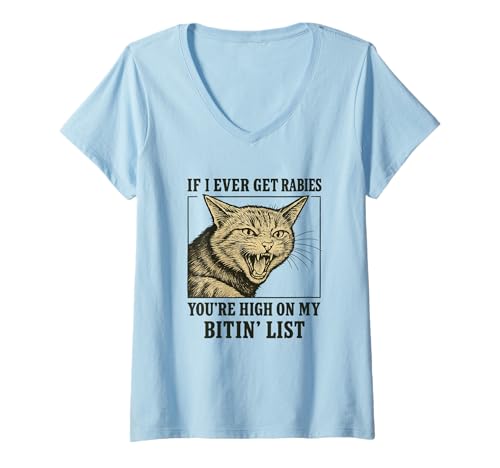 Damen Lustig Tollwut Katze Shirt Bitin List Spruch T-Shirt mit V-Ausschnitt Damen Lustig Tollwut Katze Shirt Bitin List Spruch T-Shirt mit V-Ausschnitt von Witzige Lustige Katze Sarkasmus Humor