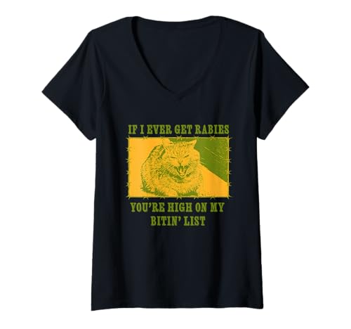 Damen Lustig Tollwut Katze Shirt Bitin List Spruch T-Shirt mit V-Ausschnitt Damen Lustig Tollwut Katze Shirt Bitin List Spruch T-Shirt mit V-Ausschnitt von Witzige Lustige Katze Sarkasmus Humor