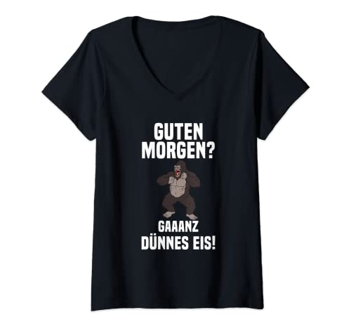 Damen Guten Morgen Ganz Dünnes Eis Gorilla Morgenmuffel Spruch T-Shirt mit V-Ausschnitt Damen Guten Morgen Ganz Dünnes Eis Gorilla Morgenmuffel Spruch T-Shirt mit V-Ausschnitt von Witzige Morgenmuffel Spruch Kleidung