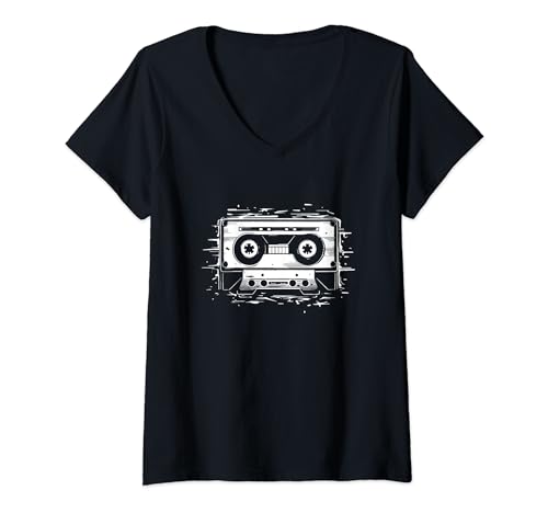 Damen Kompakt Kassette Vintage Liebhaber T-Shirt mit V-Ausschnitt Damen Kompakt Kassette Vintage Liebhaber T-Shirt mit V-Ausschnitt von Witzige Nostalgie Grafik T-Shirts