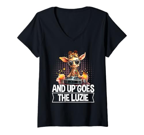 Damen And Up Goes The Luzie Giraffe DJ Party Tanzen Musik Spruch T-Shirt mit V-Ausschnitt Damen And Up Goes The Luzie Giraffe DJ Party Tanzen Musik Spruch T-Shirt mit V-Ausschnitt von Witzige Party Sprüche Kleidung