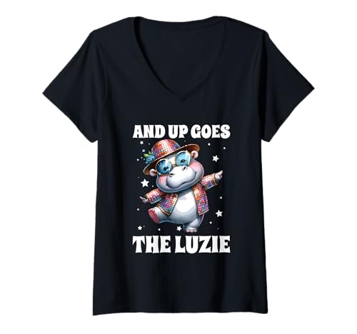 Damen And Up Goes The Luzie Nilpferd Party Tanzen Musik Spruch T-Shirt mit V-Ausschnitt Damen And Up Goes The Luzie Nilpferd Party Tanzen Musik Spruch T-Shirt mit V-Ausschnitt von Witzige Party Sprüche Kleidung