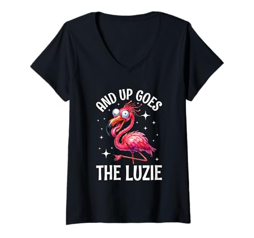 Damen And Up Goes The Luzie Verrückter Flamingo Feiern Spruch T-Shirt mit V-Ausschnitt Damen And Up Goes The Luzie Verrückter Flamingo Feiern Spruch T-Shirt mit V-Ausschnitt von Witzige Party Sprüche Kleidung