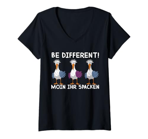 Damen Lustiges Seagull Be Different SAGT Die Möwe Moin Ihr Spacken T-Shirt mit V-Ausschnitt von Witzige Spacken Norddeutscher Möwen Be Different