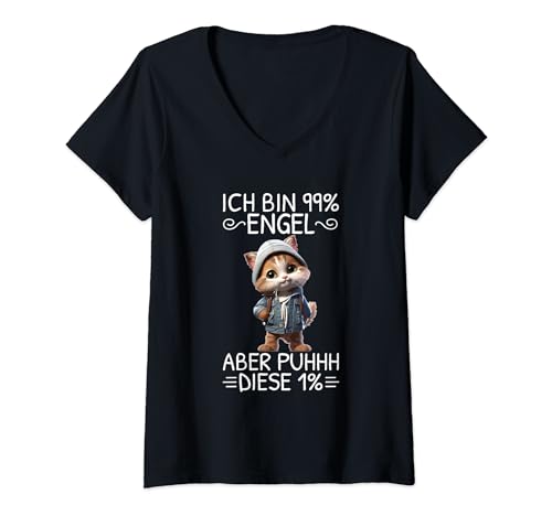 Damen Ich Bin 99% Engel Aber Puhhh Diese 1% Katze Lustig Spruch T-Shirt mit V-Ausschnitt Damen Ich Bin 99% Engel Aber Puhhh Diese 1% Katze Lustig Spruch T-Shirt mit V-Ausschnitt von Witzige Sprüche Kleidung