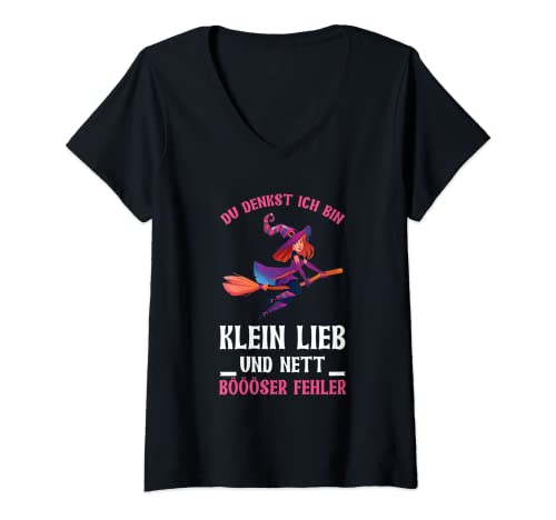 Damen Du Denkst Ich Bin Klein Lieb & Nett Böser Fehler Hexe Spruch T-Shirt mit V-Ausschnitt Damen Du Denkst Ich Bin Klein Lieb & Nett Böser Fehler Hexe Spruch T-Shirt mit V-Ausschnitt von Witzige Statement Sprüche
