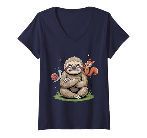 Damen Lustiges Faultier genervt mit Schnecke und Eichhörnchen T-Shirt mit V-Ausschnitt Damen Lustiges Faultier genervt mit Schnecke und Eichhörnchen T-Shirt mit V-Ausschnitt von Witzige Tierillustration mit Sarkasmus und Ironie