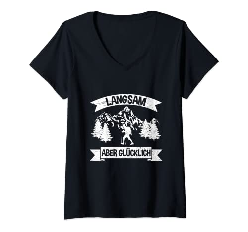 Damen Langsam Aber Glücklich Wandern Bergsteiger Berge Spruch T-Shirt mit V-Ausschnitt Damen Langsam Aber Glücklich Wandern Bergsteiger Berge Spruch T-Shirt mit V-Ausschnitt von Witzige Wanderausflug Kleidung Für Bergsteiger