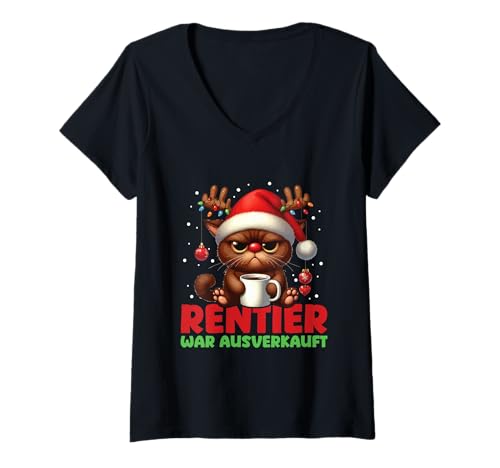 Damen Rentier War Ausverkauft Katze Weihnachten Weihnachtsfest T-Shirt mit V-Ausschnitt Damen Rentier War Ausverkauft Katze Weihnachten Weihnachtsfest T-Shirt mit V-Ausschnitt von Witzige Weihnachten Sprüche Kleidung