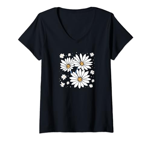 Weiße Blumen Comic Kunst Zeichnung für Herren Damen Kinder T-Shirt mit V-Ausschnitt von Witzige lustige Comic, Manga Bäume Blätter Designs
