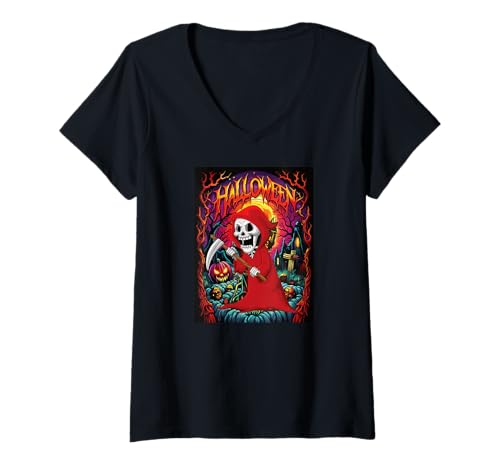 Damen Sensenmann Halloween Kostüm Kinder lustiges Party Grusel T-Shirt mit V-Ausschnitt Damen Sensenmann Halloween Kostüm Kinder lustiges Party Grusel T-Shirt mit V-Ausschnitt von Witzigee Halloween Kinder Party Kostüm Deko Jungs