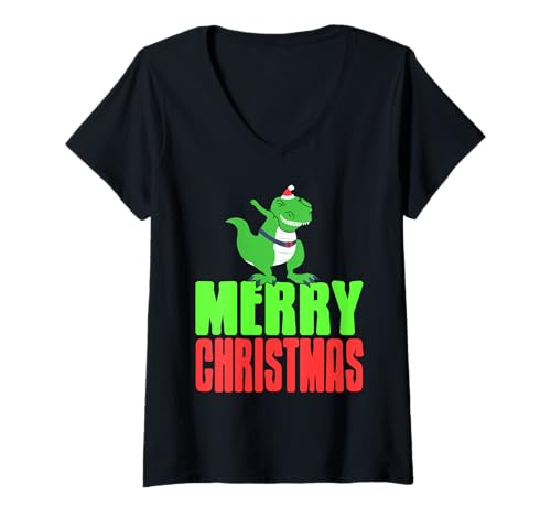 Damen Tanzender Dinosaurier Frohe Weihnachten Spaß T-Shirt mit V-Ausschnitt Damen Tanzender Dinosaurier Frohe Weihnachten Spaß T-Shirt mit V-Ausschnitt von Witziger Dino-Spaß für Weihnachtsfans