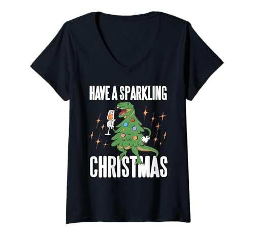 Damen Hab einen funkelnden Weihnachtsdino-Moment T-Shirt mit V-Ausschnitt Damen Hab einen funkelnden Weihnachtsdino-Moment T-Shirt mit V-Ausschnitt von Witziger Feiertagsdino mit Sekt