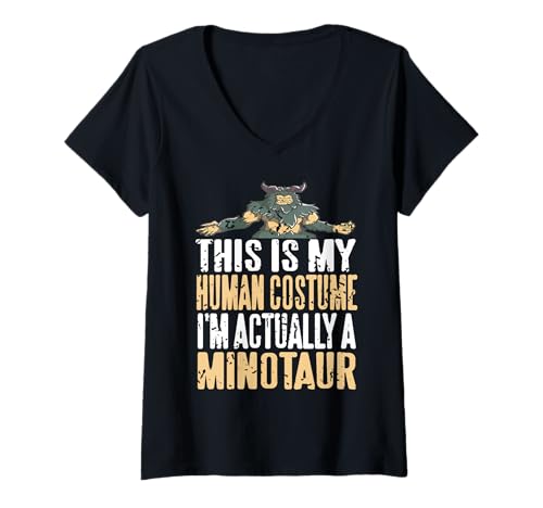 Damen Dies Ist Mein Menschliches Kostüm Ich Bin Minotaurus T-Shirt mit V-Ausschnitt von Witziger Griechischer Mythos Labyrinth Humor