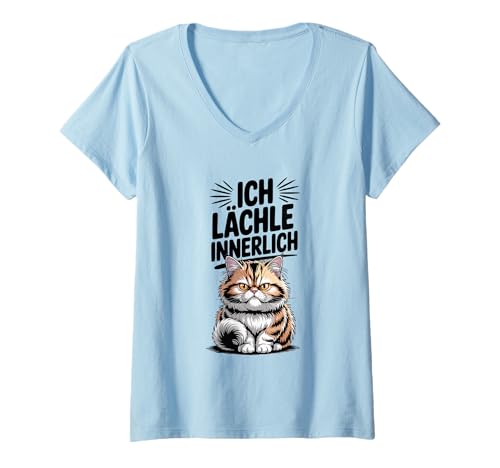 Damen Ich lächle innerlich sarkastische Katze Spruch T-Shirt mit V-Ausschnitt Damen Ich lächle innerlich sarkastische Katze Spruch T-Shirt mit V-Ausschnitt von Witziger Humor für stille Katzenliebhaber