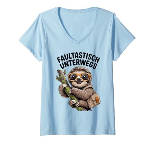 Damen Faultier Spruch Faul unterwegs mit Sonnenbrille T-Shirt mit V-Ausschnitt Damen Faultier Spruch Faul unterwegs mit Sonnenbrille T-Shirt mit V-Ausschnitt von Witziger Sloth für entspannte Menschen