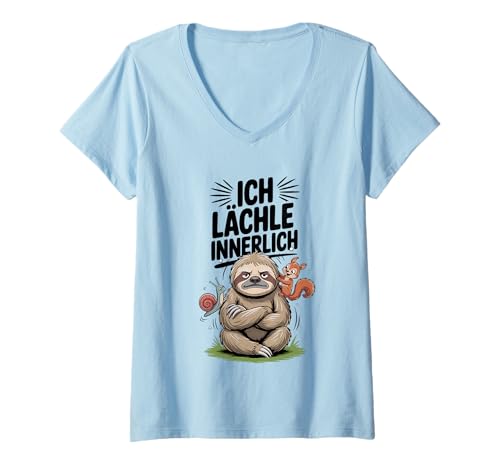 Damen Ich lächle innerlich Faultier Spruch Sarkasmus T-Shirt mit V-Ausschnitt Damen Ich lächle innerlich Faultier Spruch Sarkasmus T-Shirt mit V-Ausschnitt von Witziger Spruch mit genervtem Faultier und Tieren